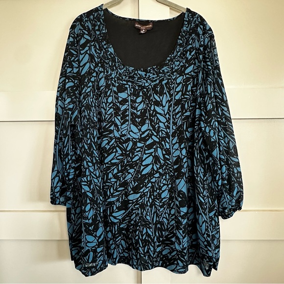 Dana Buchman Tunic 3/4 Sleeve Semi Sheer Lined Blue Black Leaf Top Plus Size 3X - Picture 1 of 9